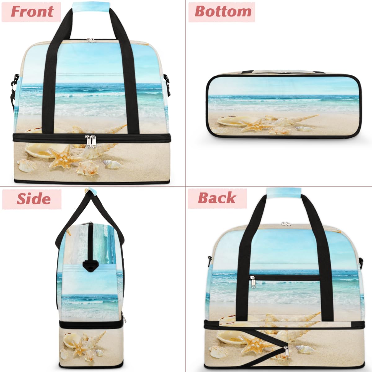 Shells Beach Sea - Bolsa de viaje plegable para playa, 47 L, bolsa de fin de semana con funda de carrito, bolsa de hombro separada para deportes, gimnasio, viajes, multicolor, 47L, Bolsa de viaje