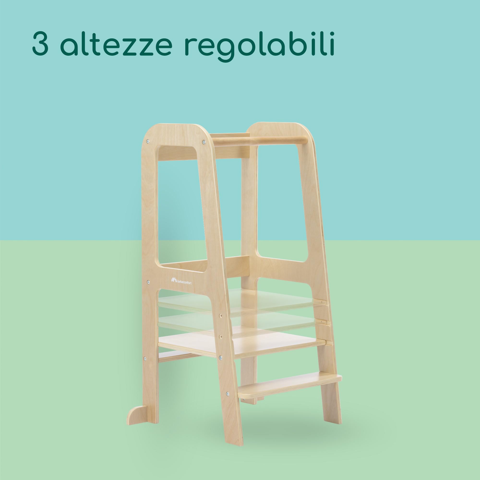 Bebeconfort Hoya, Torre Montessoriana Bambini e Bimbi Piccoli, 1,5-6 anni (10-30 kg), 3 Altezze Regolabili, Sicurezza Certificata, Torre di Apprendimento in Legno 6,2 kg, Design Durevole, Natural Wood