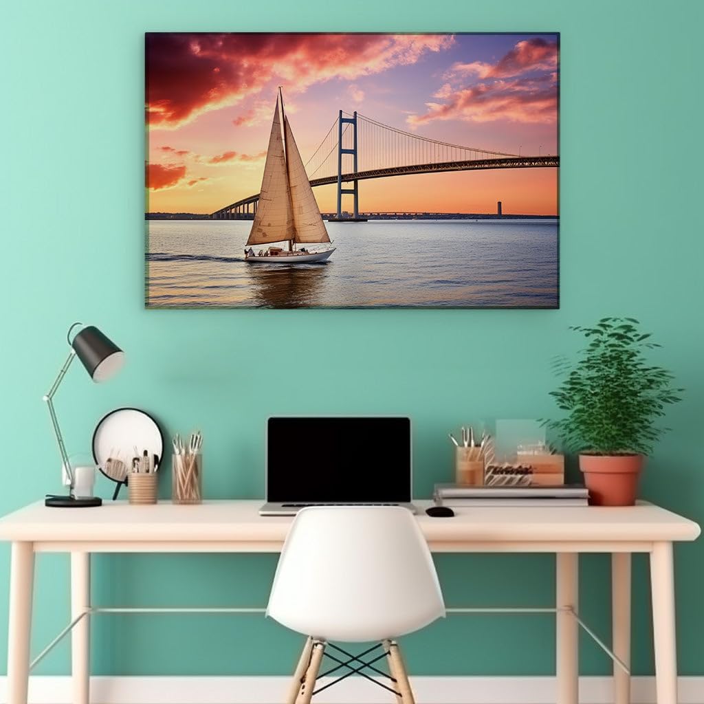 Canvas for Living room. Sailing into the Sunset: A Serene Journey Beneath the Bridge's Span, 27 x 18 inch Canvas Wall Art - Contemporary Masterpieces - Modern Home Decor