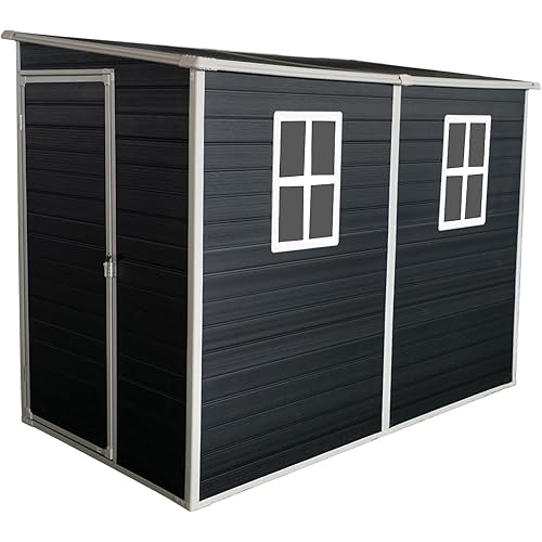 Resin Outdoor Storage Shed with Floor (8 x 4 Ft),All Weather Outdoor Tool House,Windows,Lockable Doors,Organization for Home/Backyard/Garden Tools/Lawn Mower/Bike Storage/Pool Supplies