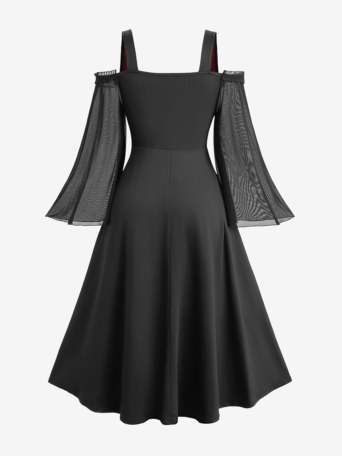 Gothic Victorian Skull Lace Overlay Lace-up Layered Flare Sleeves A Line Maxi Dress