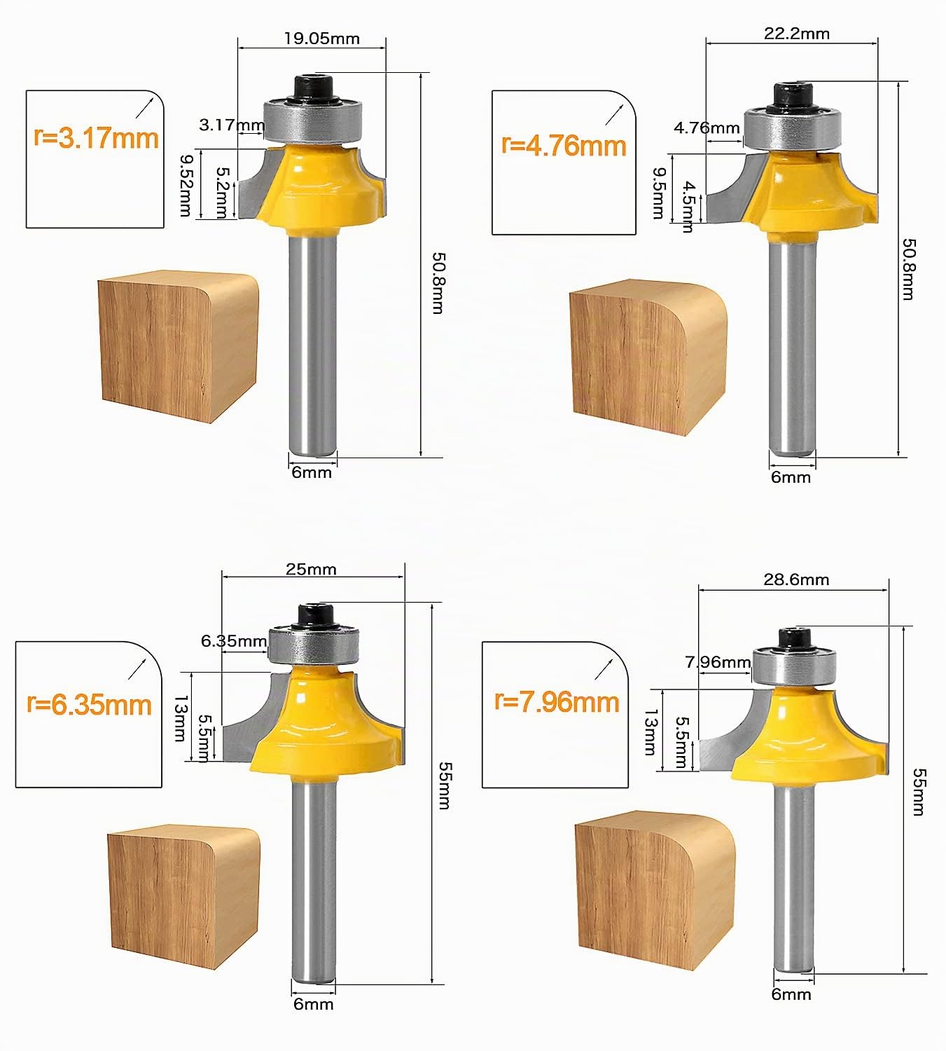 Router di arrotondamento fresa taglierina arrotondata angolo raggio strumento di bordo per la lavorazione del legno strumenti carpenter 4pcs
