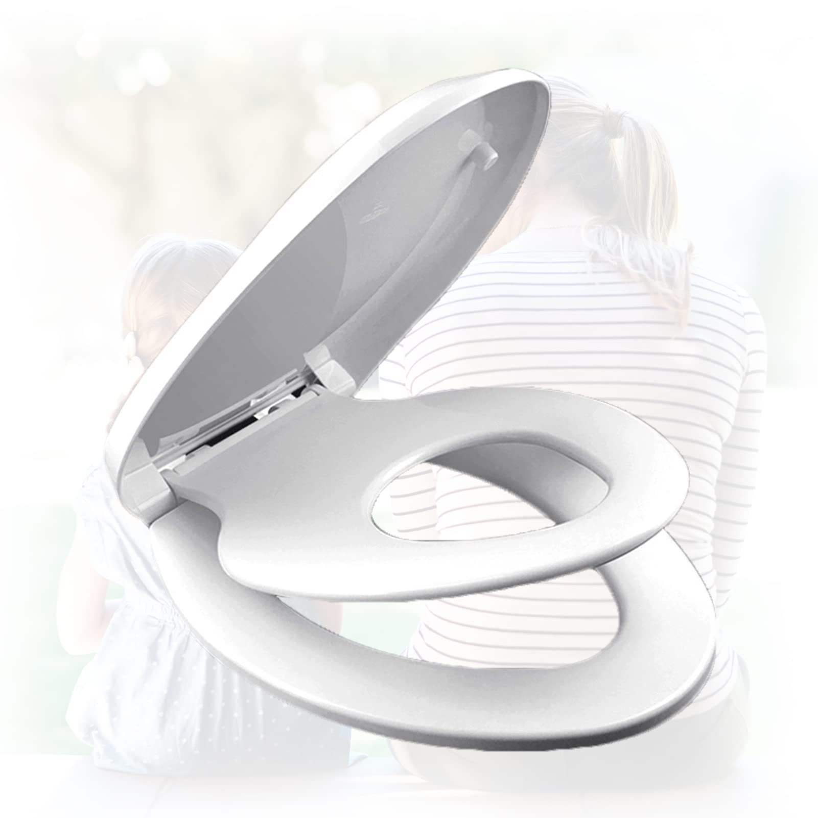 Asiento de inodoro alargado con asiento de entrenamiento para orinal integrado, diseño de cierre suave 2 en 1, plástico ovalado blanco, ideal para familias, escuelas y baños públicos