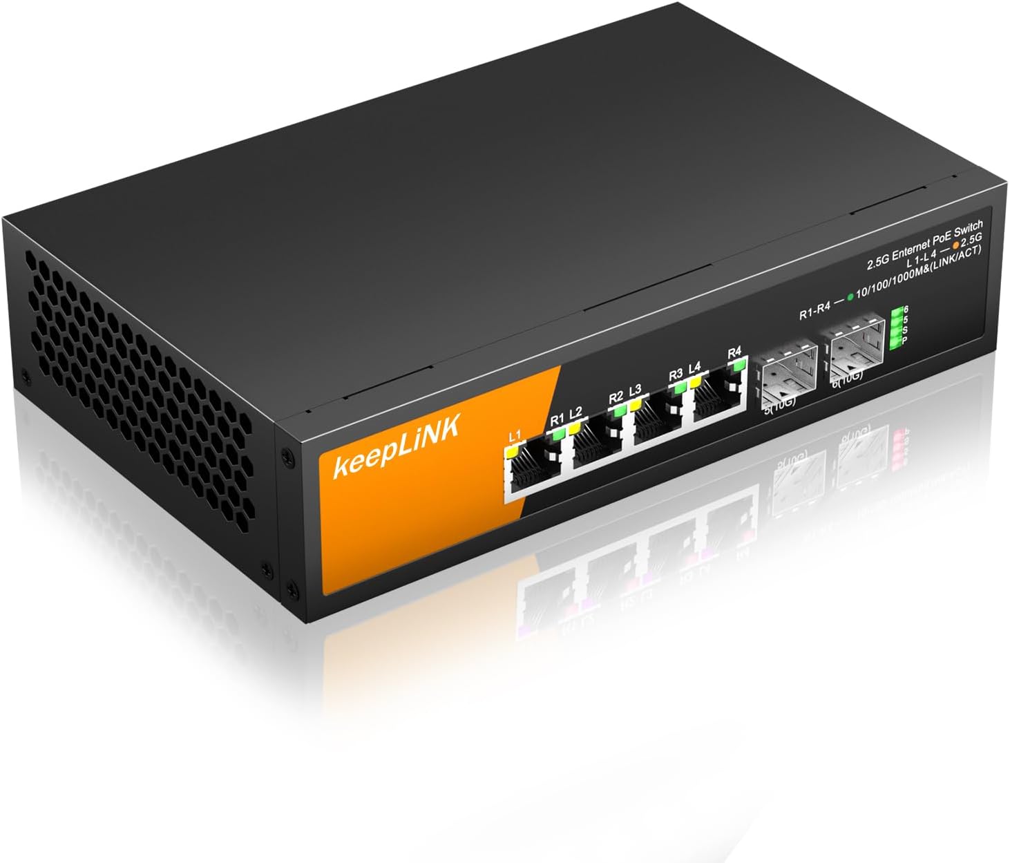 6-Port 2.5Gbps PoE Hub with 4 x PoE Support Overall Maximum 72W Two 10GbE SFP+ Ports Unmanaged Switching Hub Metal Housing Quiet Fanless