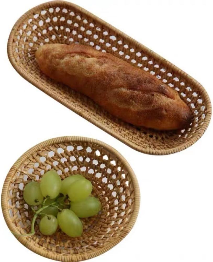 手織りの籐製収納バスケット 枝編み器 ラウンド オーガナイザー ボウル サービングトレイ ピクニックバスケット フラット パン 食べ