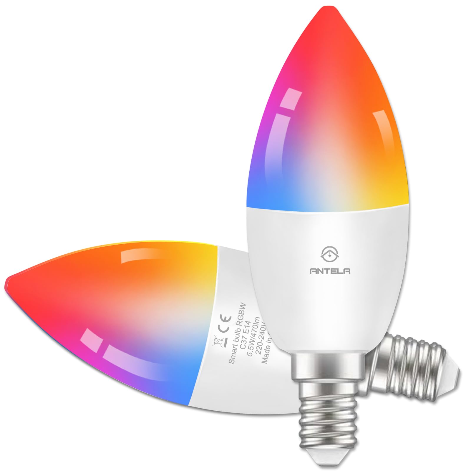 ANTELA Lampadina Alexa E14 Wifi, Dimmerabile Lampadina Smart 4,5W 385Lm 40W equivalente, RGBW bianco freddo caldo, compatibile con Alexa/Google Home, 2 pezzi