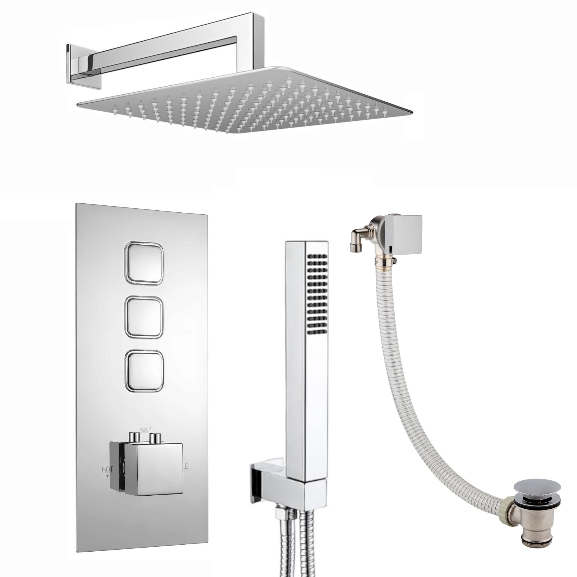 Enki Chrome Spello, Sh0100, Square Thermostatic Concealed Shower Set With Bath Filler, Wall Overhead Shower, Handset Kit,