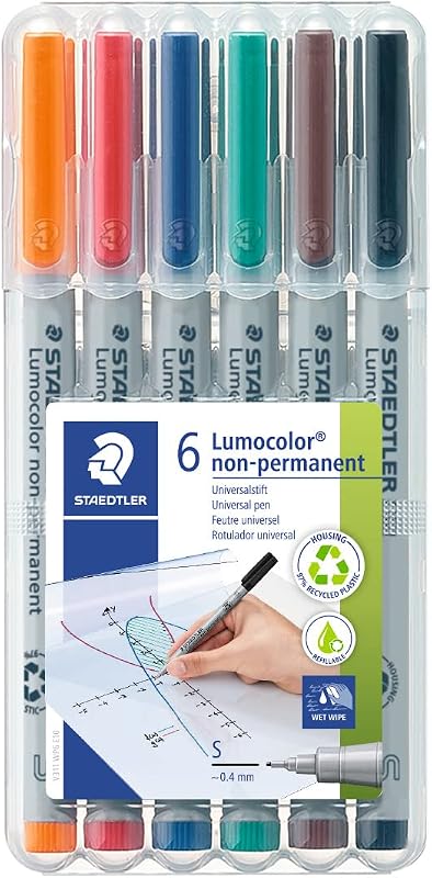 Lumograph Non-Permanent Wet Erase Marker Pen, Extra Fine Tip, Low Odor Colored Markers, 6-Pack Assorted Colors, 311-WP6