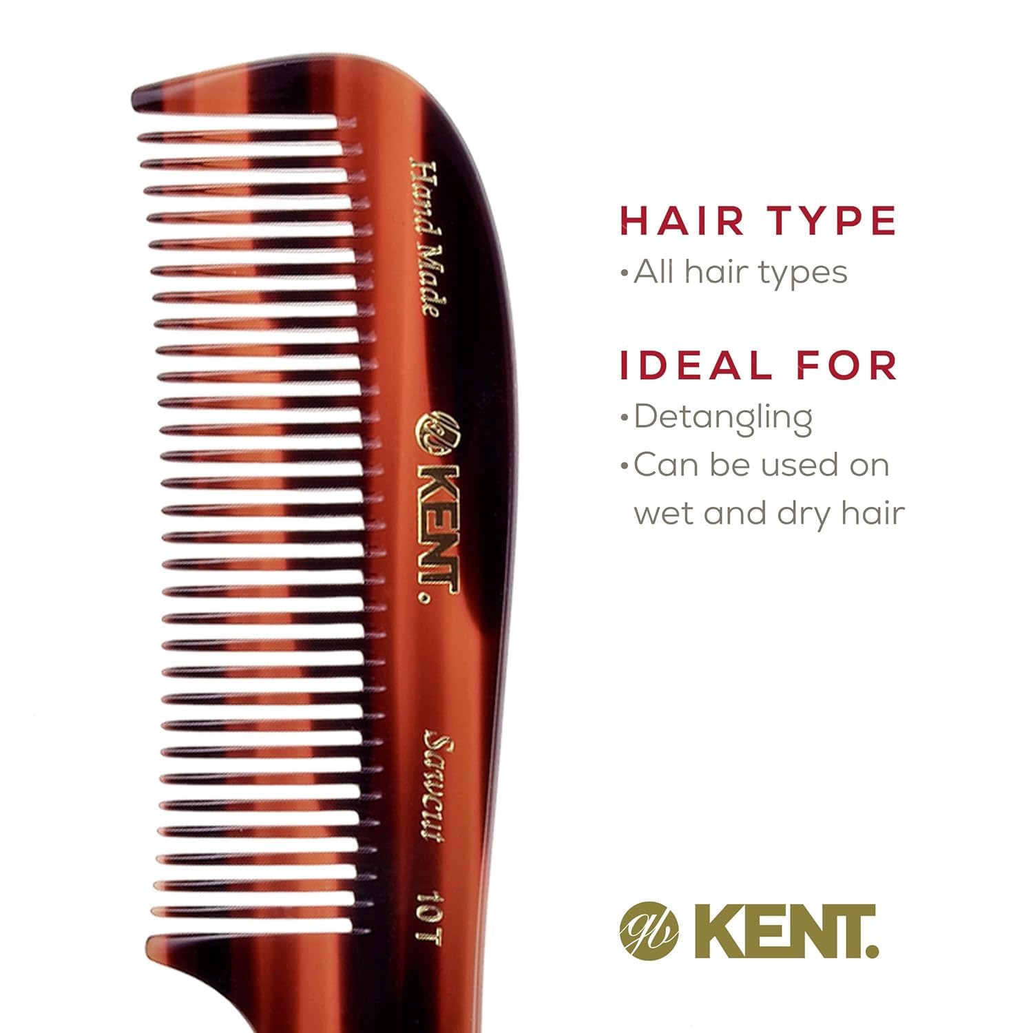 Kent Peigne à dents larges en graphite et écaille de tortue 10T - Peigne démêlant pour cheveux bouclés - Peigne à barbe/peigne démêlant pour homme