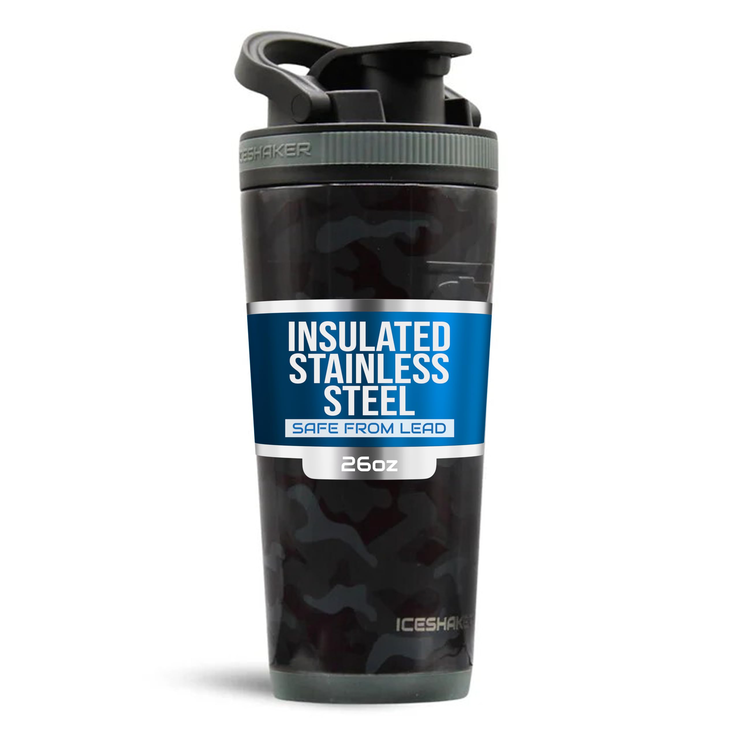 Ice Shaker Insulated Stainless Steel Shaker Bottle | 26oz, Black camo | Cold for 30+ Hours | Insulated Cup with Twist-on Agitator | Odor-Free Bottle