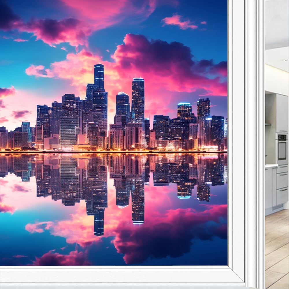 Watercolor City Architecture Window Privacy Film, Fantasy Skyline Sunset Reflection in Water Frosted Stained Glass Window Film Decorative Static Cling for Glass for Home 45x60 cm