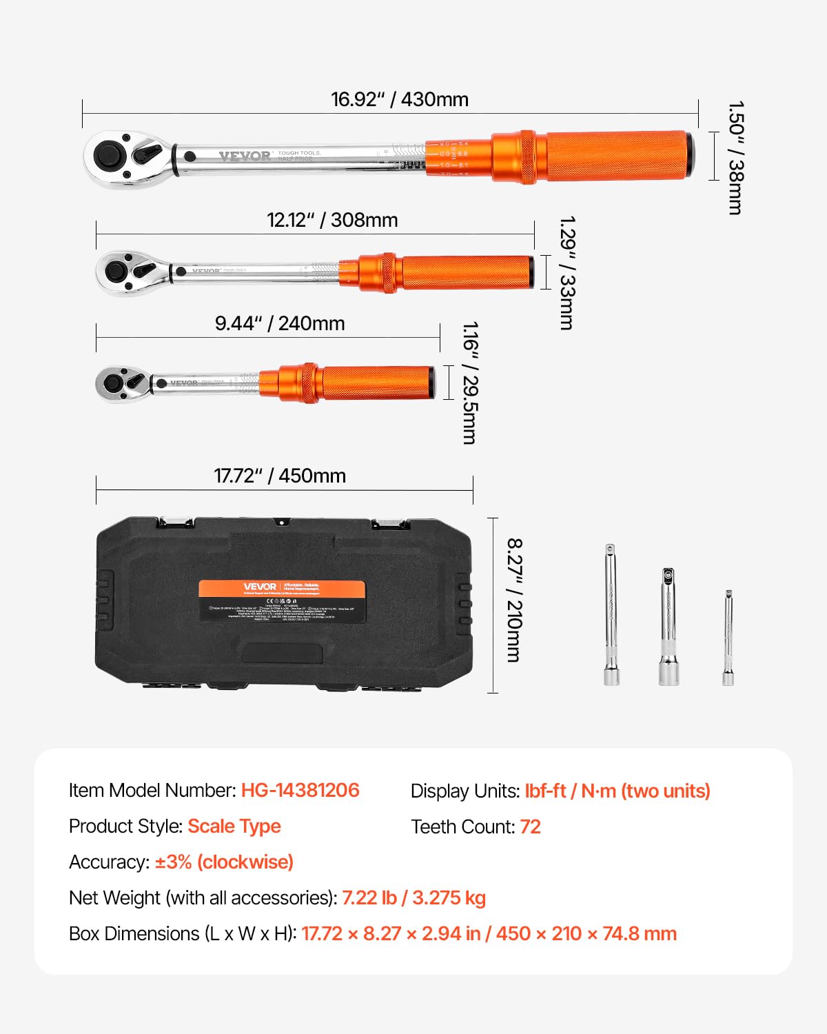 VEVOR Set Chiavi Dinamometriche Clic, 3 Pezzi, 10-170 lbf-ft 5-45 lbf-ft 20-240 lbf-in Chiave Dinamometrica a Scatto, Bidirezionali e Bilance a Doppia Portata, 72 Denti, per Riparazione Biciclette