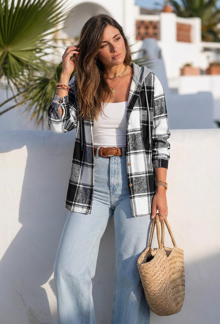 CHICME Womens Lightweight Casual Jacket Plaid Long Sleeve Shacket Fleece Lined Hooded Jackets Warm Coat - Image 4