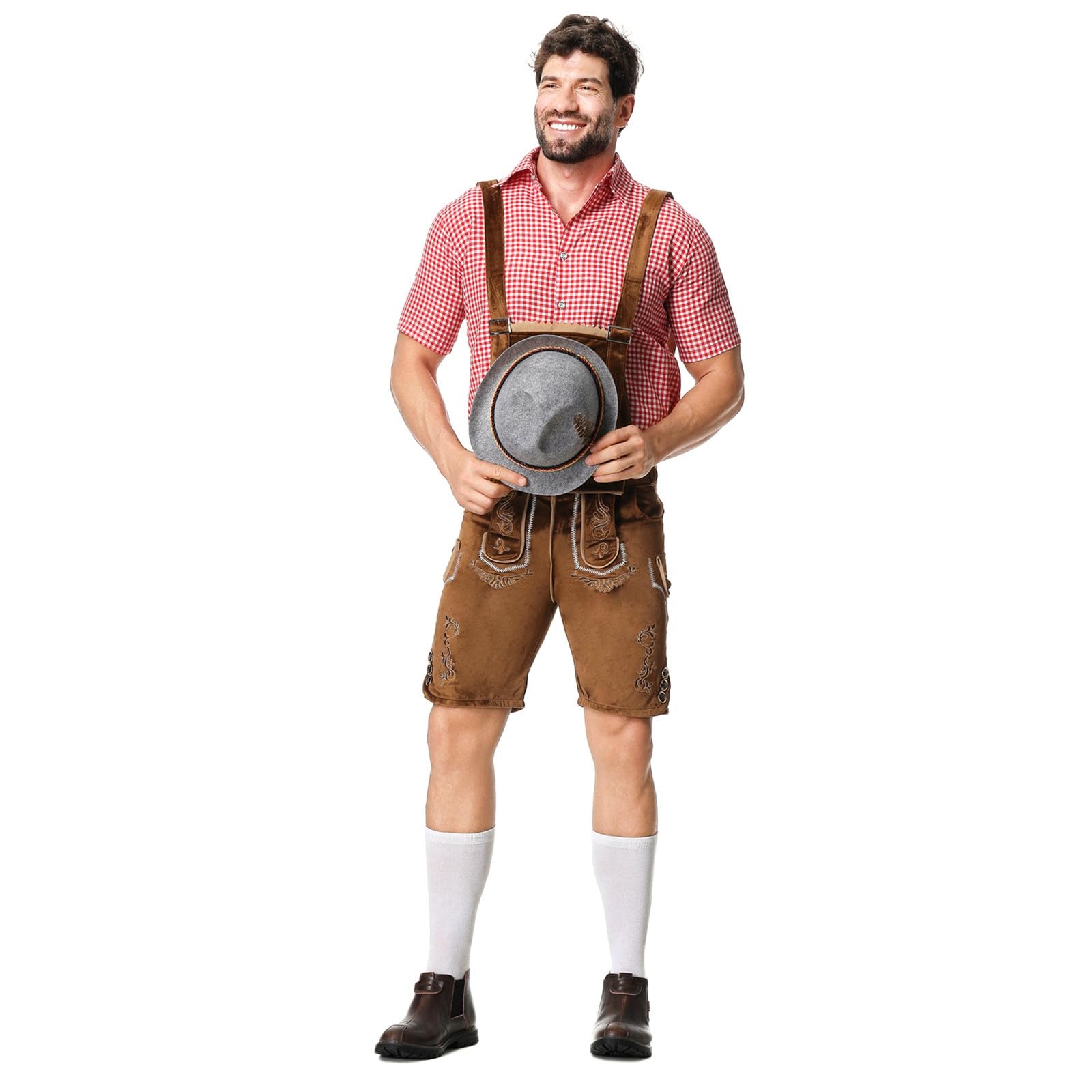Oktoberfest Herren Outfit Herren Deutsch Bayern Oktoberfest Kostüm Set mit Abnehmbarem Lätzchenträger Kariertes Trachtenhemd, Lederhose mit Trägern und Bayerischen Filzhüte Trachten Set