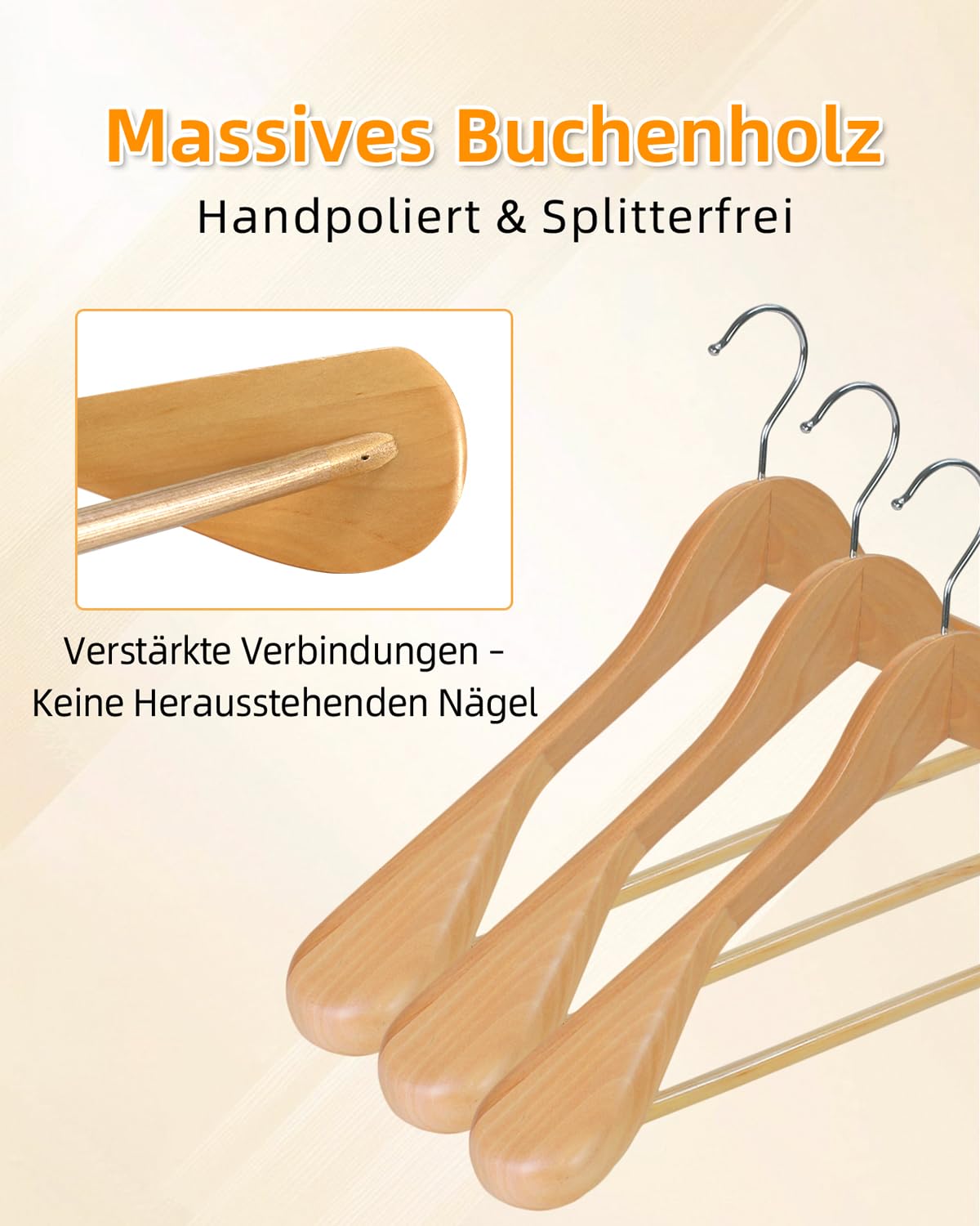 Juego de 6 perchas de madera de haya maciza con hombros anchos, perchas de madera con barra para pantalones para trajes, abrigos, chaquetas, camisas y pantalones