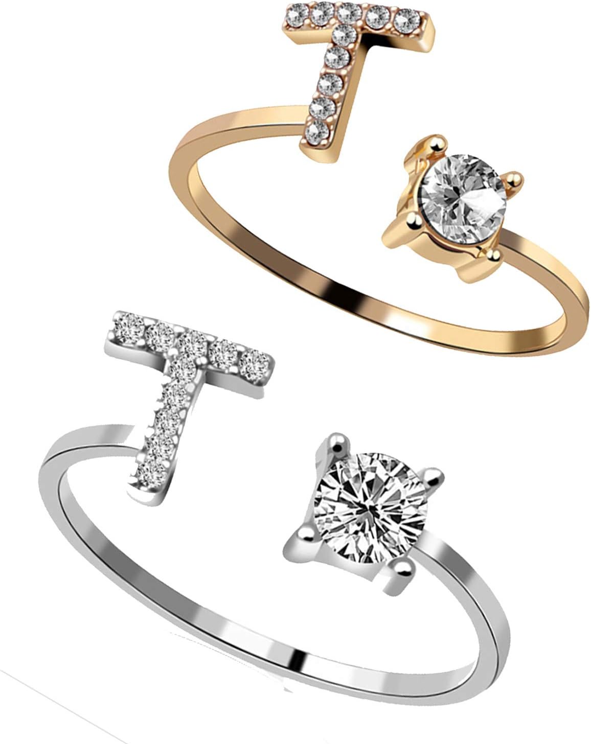 RINHOORINHOO 2PC/Set Initial Letter Alphabet Knuckle Rings A-Z Silver and Gold Crystal Adjustable Finger Ring for Women Jewelry