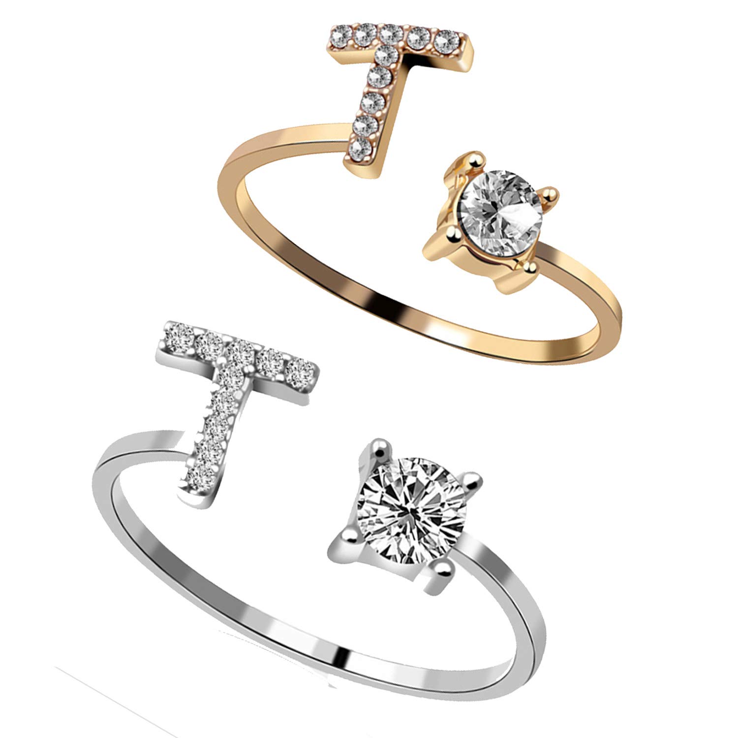 RINHOORINHOO 2PC/Set Initial Letter Alphabet Knuckle Rings A-Z Silver and Gold Crystal Adjustable Finger Ring for Women Jewelry