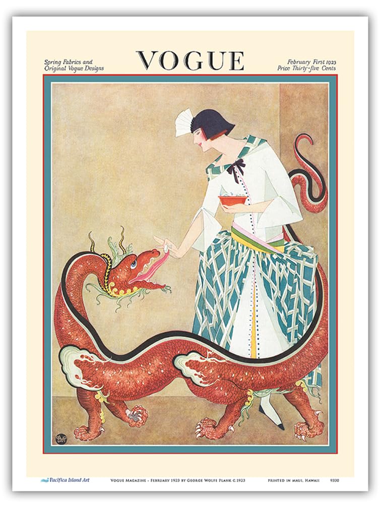 Fashion Magazine - February 1923 - Woman Feeding a Chinese Dragon - Vintage Magazine Cover by George Wolfe Plank c.1923 - Master Art Print (Unframed) 9in x 12in