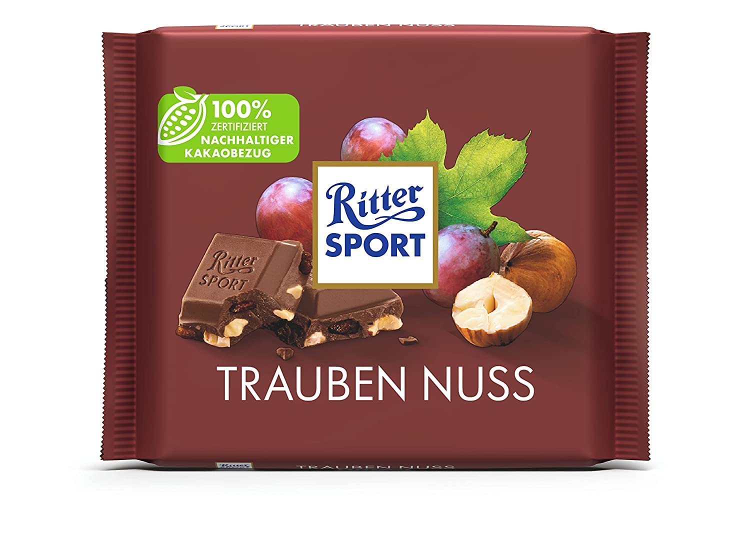 Nuevo diseño: RITTER SPORT uva nuez 100 g, chocolate con leche entera con uvas jugosas y nueces crujientes, chocolate de mesa con sabor a nuez afrutado