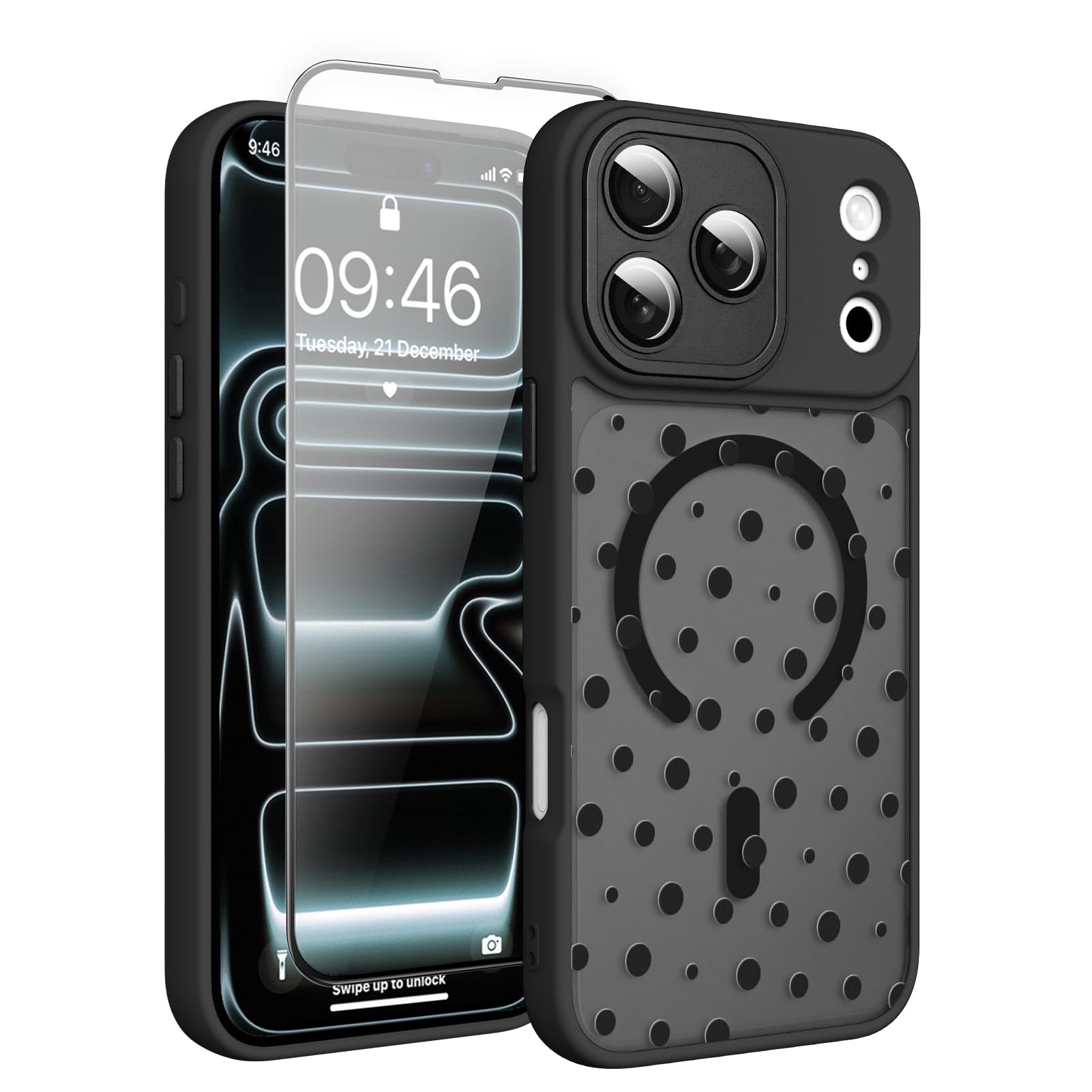 Magnetic for iPhone 17 Pro Case with Screen Protector [Compatible with MagSafe] Pretty Polka Dot Pattern Design, Shockproof Slim Cover for Women Girls, Black