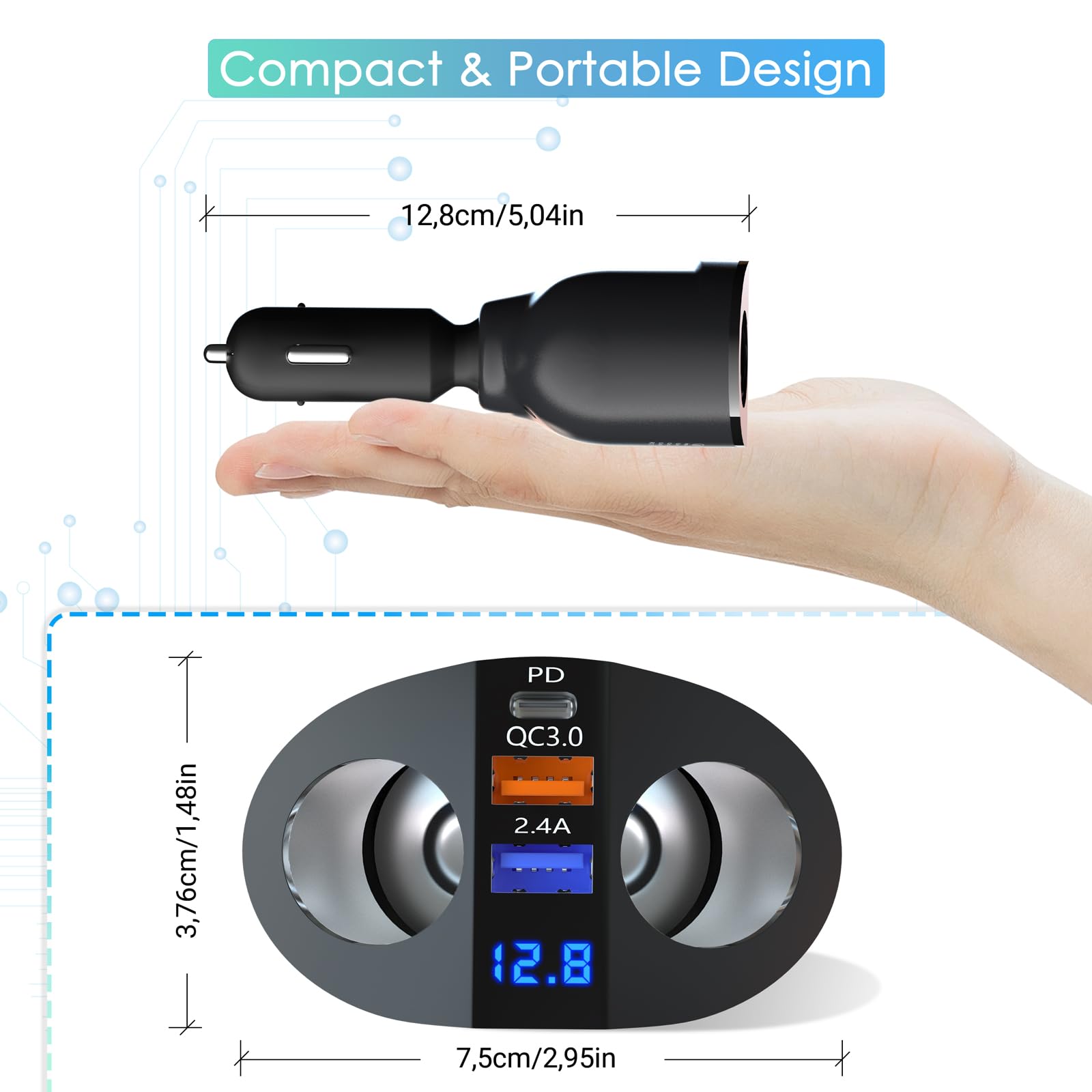 Qidoe Ładowarka samochodowa USB C 12V/24V PD30W QC 3.0 120W Podwójny Adapter Zapalniczki z LED Woltomierz