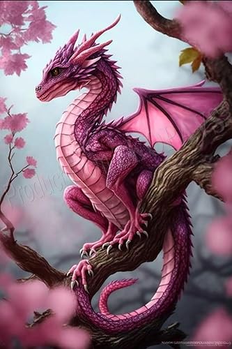 ZKOPAVS Kits de pintura de diamantes para adultos y niños, dragón rosa en una rama, pintura artística con diamantes de imitación punto de cruz, arte