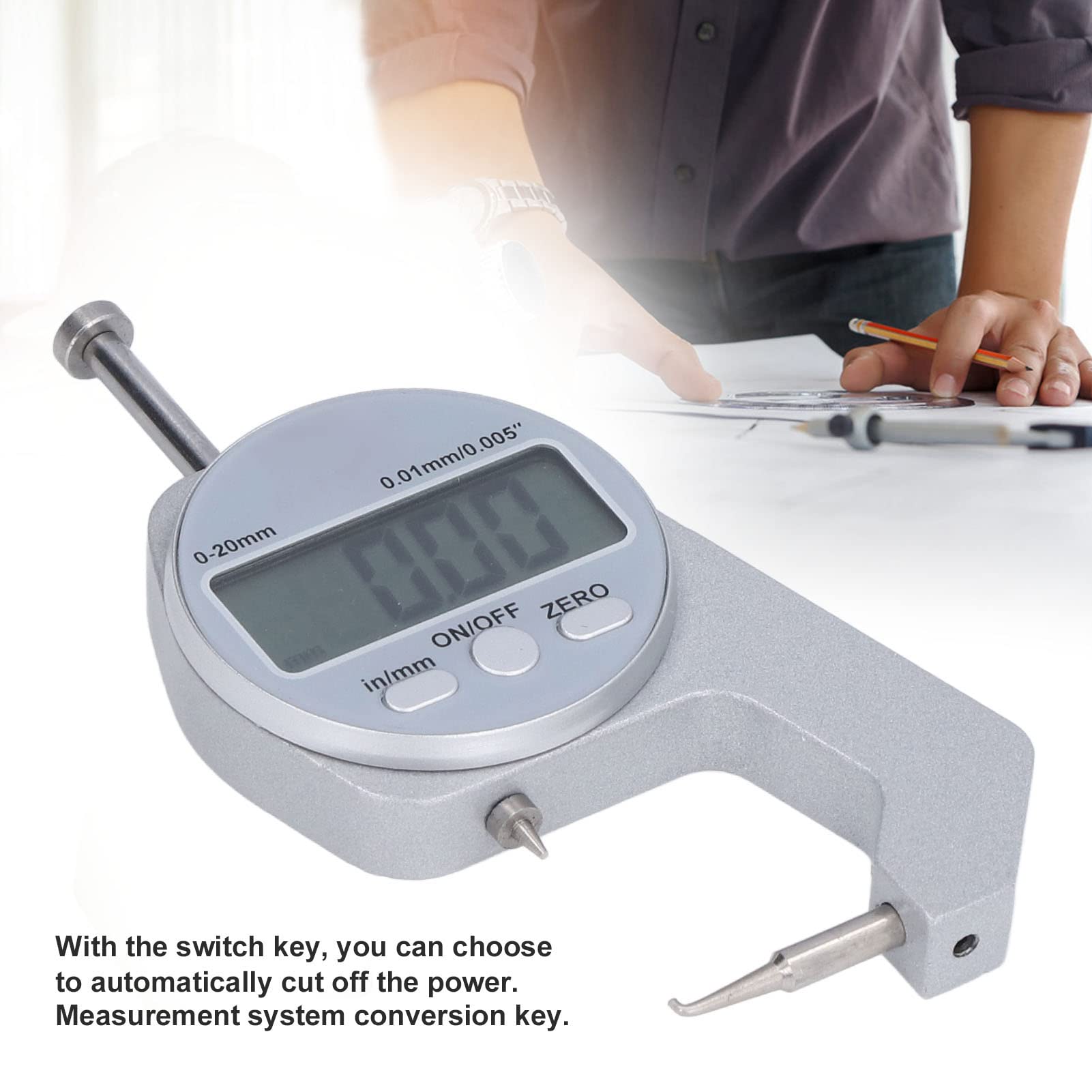 LiebeWH Dickenmesser 0-20 mm Bereich LCD-Digitalanzeige Kleine Mikrometerschraube mit Gebogener Spitze Elektronisches Mini-Messwerkzeug für Papierfolie Leder