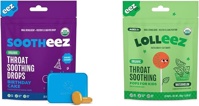 Lolleez Lollipops for Kids Sore Throat Relief, Watermelon, 28 Count and Sootheez Organic Throat Soothing Drops for Adults, Birthday Cake, 25 Count