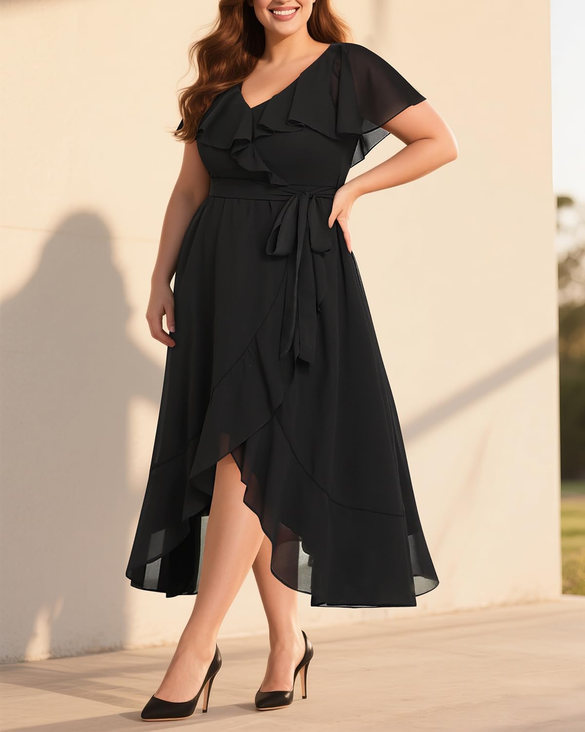 Pinup Fashion Plus Size Dresses for Wedding Guest - Women 2026 Cocktail Chiffon High Low Ruffle Long Dress - Image 5