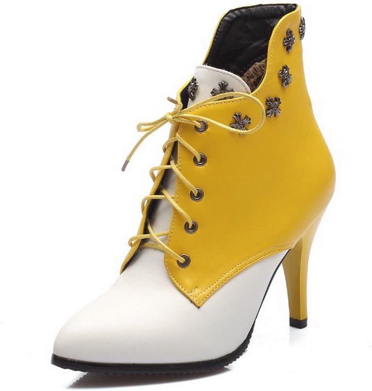 Allhqfashion Women's Pu Spikes Stilettos Pointed Closed Toe Assorted Color Lace up Boots