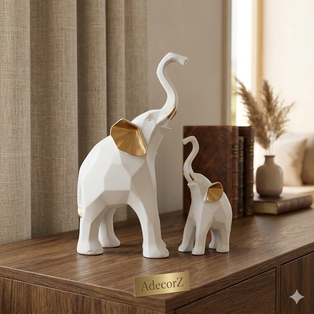 Decorative Elephant Figurines, Resin, 25 cm Height, Set of 2, Standing Statues Geometric Showpiece for Home Decor | Housewarming Gift (White Elephant)-image-23