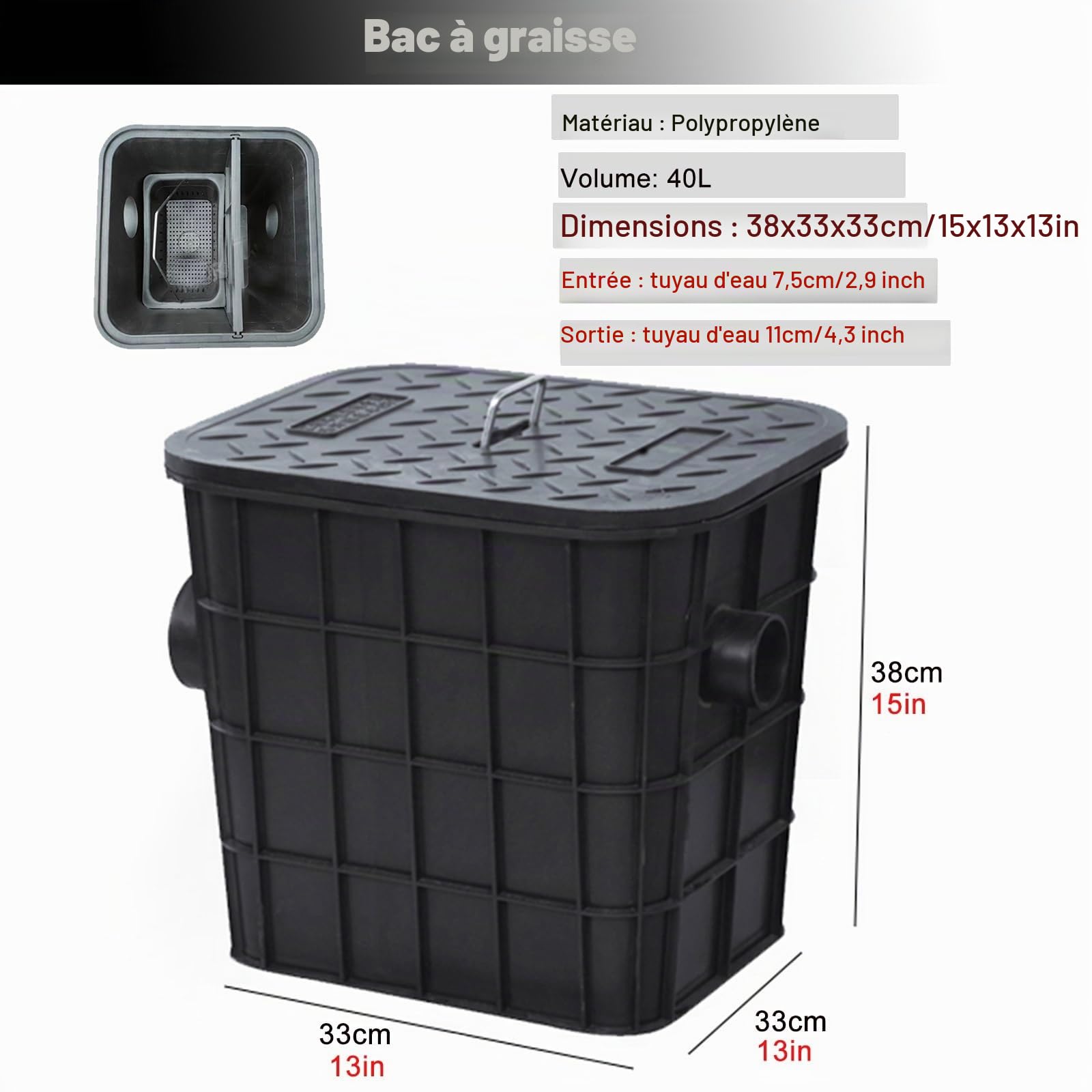 bac à graisse Intercepteur de graisse en plastique noir 30 lb, séparateur d'eau d'huile usée pour café-restaurant, école, restaurant, snack-bars, nettoyeur de piège à graisse, facile à installer – san