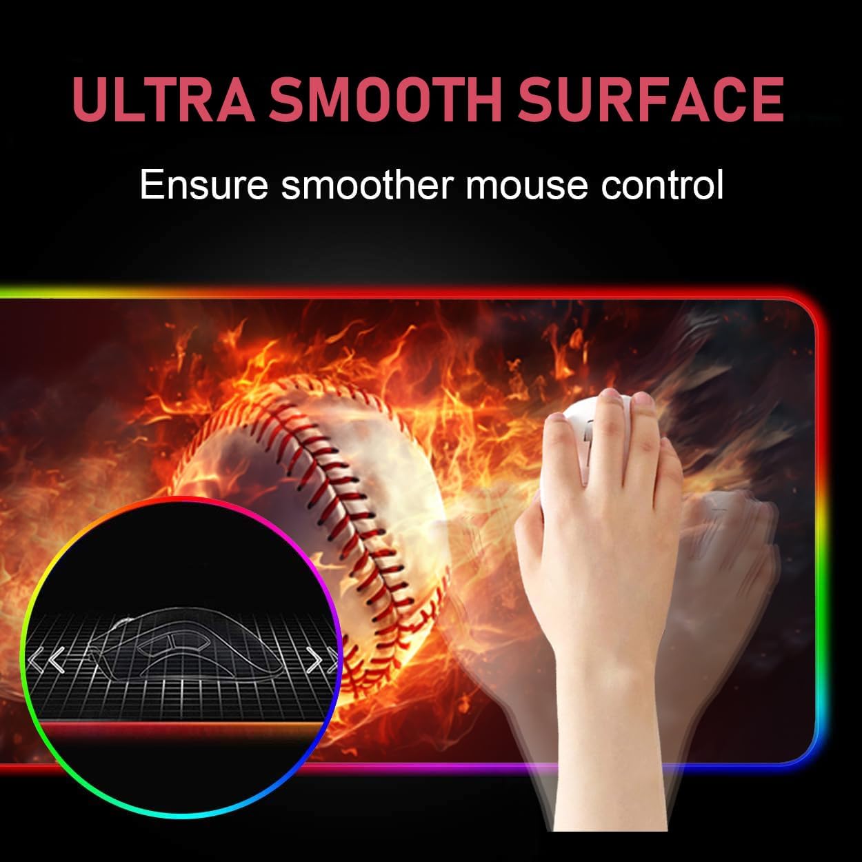 RGB Gaming Mouse Pad with Coffee Coaster, Burning Baseball Fire and Water Design XXL Large Glowing LED Mousepad, Anti-Slip Rubber Base, Computer Keyboard Desk Mouse Mat 31.5 X 11.8 h