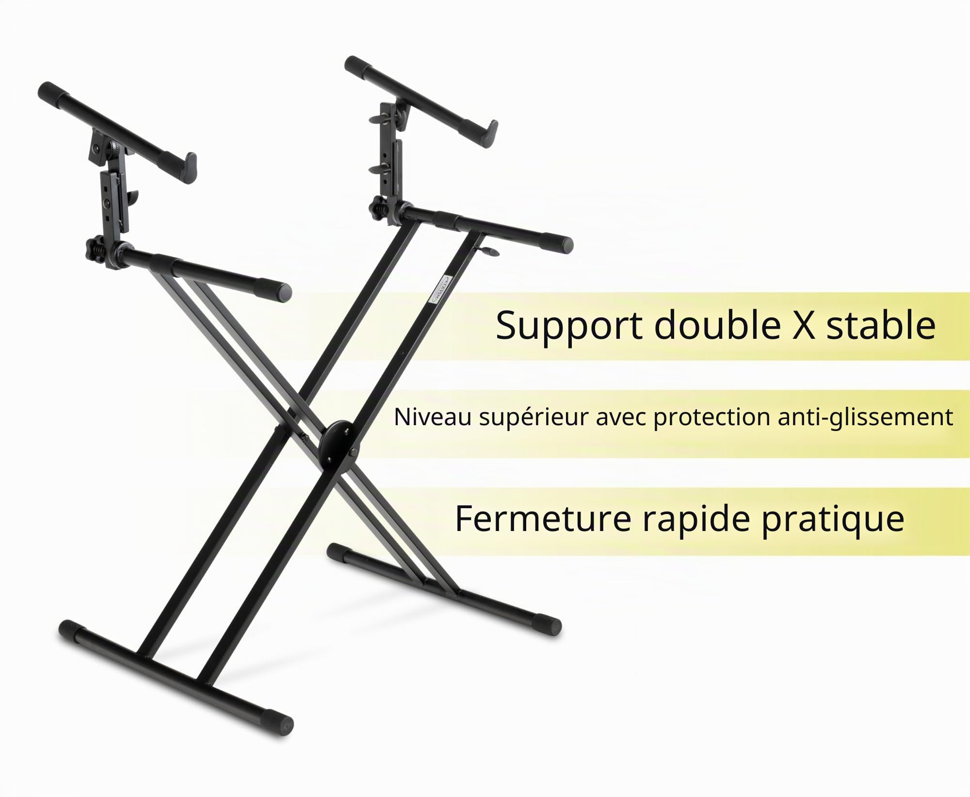 Classic Cantabile Support Clavier Double-X Double Niveau - construction double barre - 2 niveaux pour 2 instruments - fermeture à crémaillère pour le deuxième niveau - noir