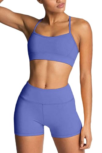 IWEMEK Women's Workout Sets 2 Piece Yoga Outfits High Waisted Biker Shorts and Cross Back Sports Bra Gym Set - Blue - Large