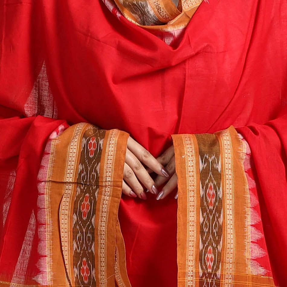 Image of Cotton Dupatta with weaving and Ikat woven border from the Weavers Stole for Girls & Women