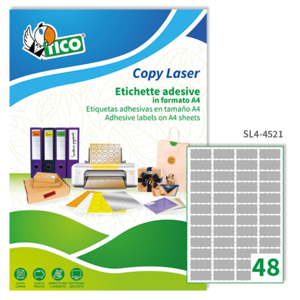 Tico Italia SL4-4521 Etichette adesive carta argento, 100 fogli A4, rettangolari 45x21mm, 48 etichette per foglio, adesivo permanente, stampanti laser, tipografiche e serigrafiche