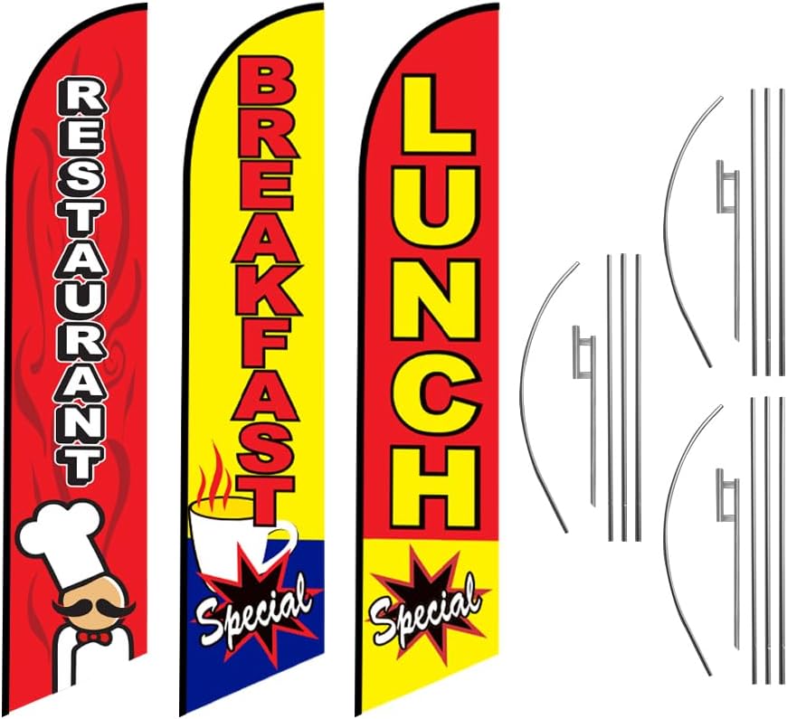 3 Swooper windless Flags Breakfast and Lunch Special with Restaurant outdoor Feather Banners Sign with 3 Pole Kits and 3 Ground Spikes