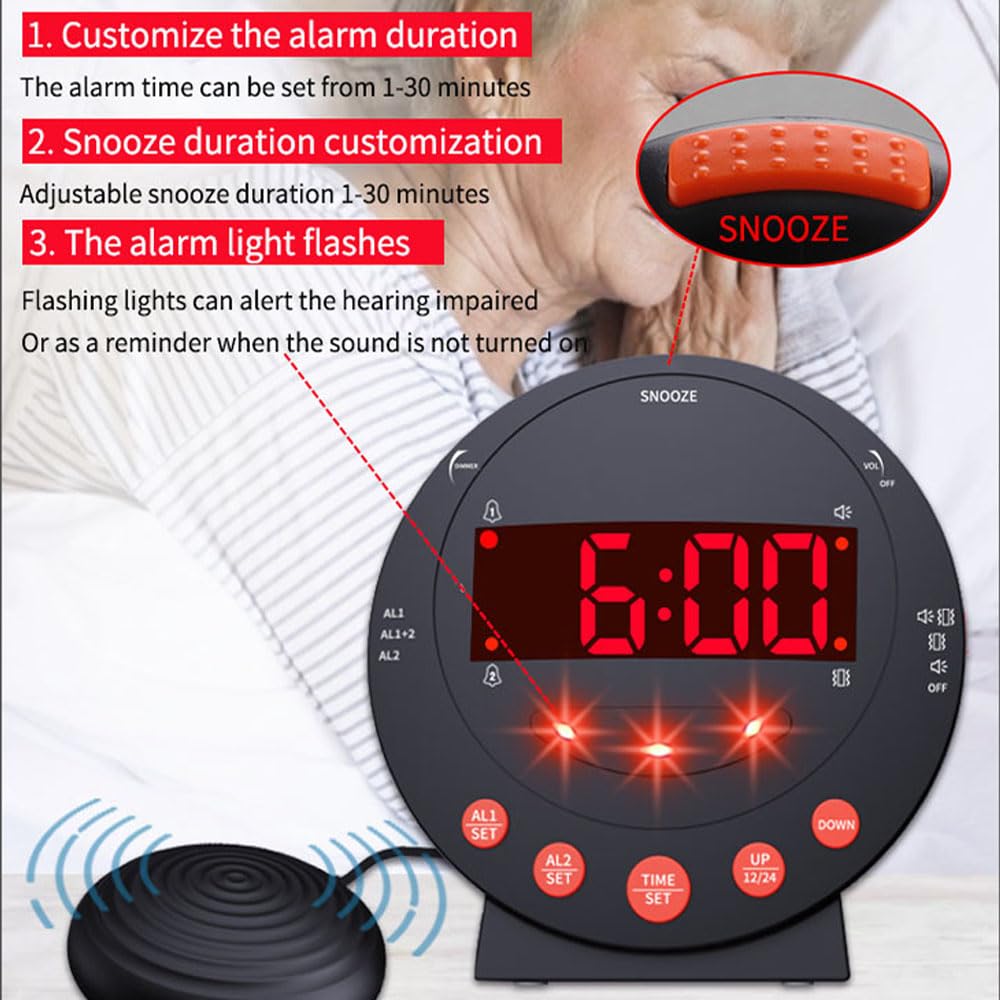 TS-BC600 Reloj Despertador con vibración Fuerte y luz de Flash para agitar la Cama Brillo Ajustable Snooze Ajuste de Alarma Dual Pantalla LED USB