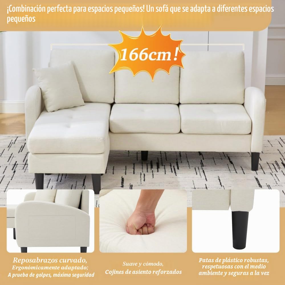 Sofá esquinero en forma de L con chaise longue, sofá de 3 plazas, 166 x 118 x 77 cm, tela transpirable de algodón y lino, patas de plástico, diseño modular, ideal para salas de estar (Beige