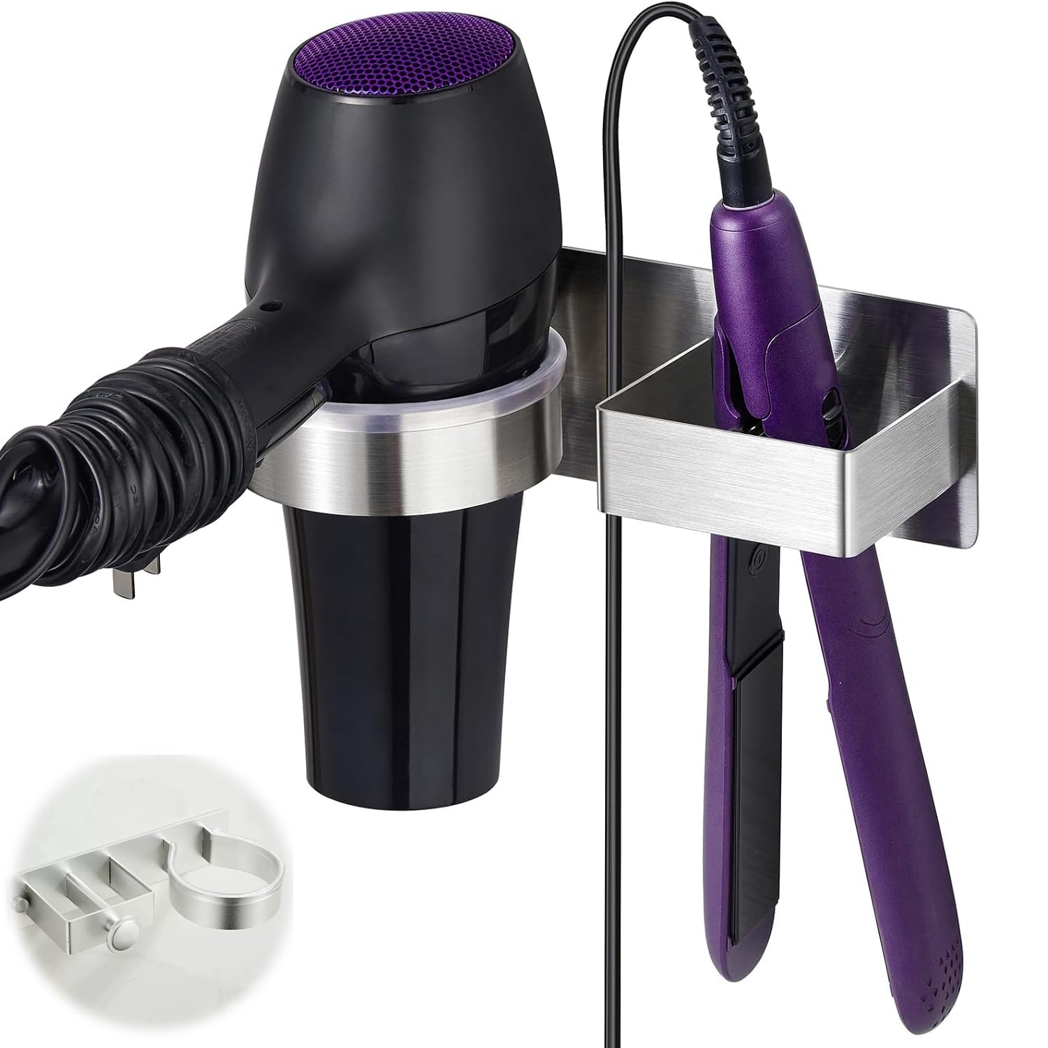 Yunyu Sliver Hair Dryer Holder And Straightener Wall Mount Combo | Self-Adhesive Bathroom Organizer For Hair Dryers & Straighteners | No Drilling Required, Sturdy And Space-Saving