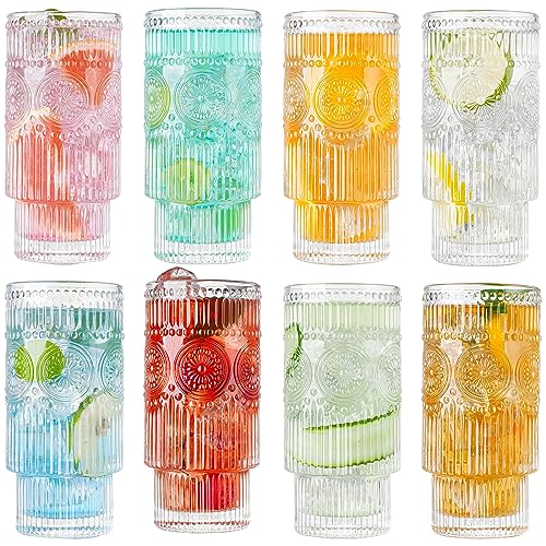 wookgreat Drinking Glasses, 8 pcs Embossed Designed Glass Cups, 16oz Highball Glasses, Ripple Vintage Glassware, Ribbed Glasses, Striped Glasses, Iced Coffee Glasses for Cocktail, Whiskey, Juice