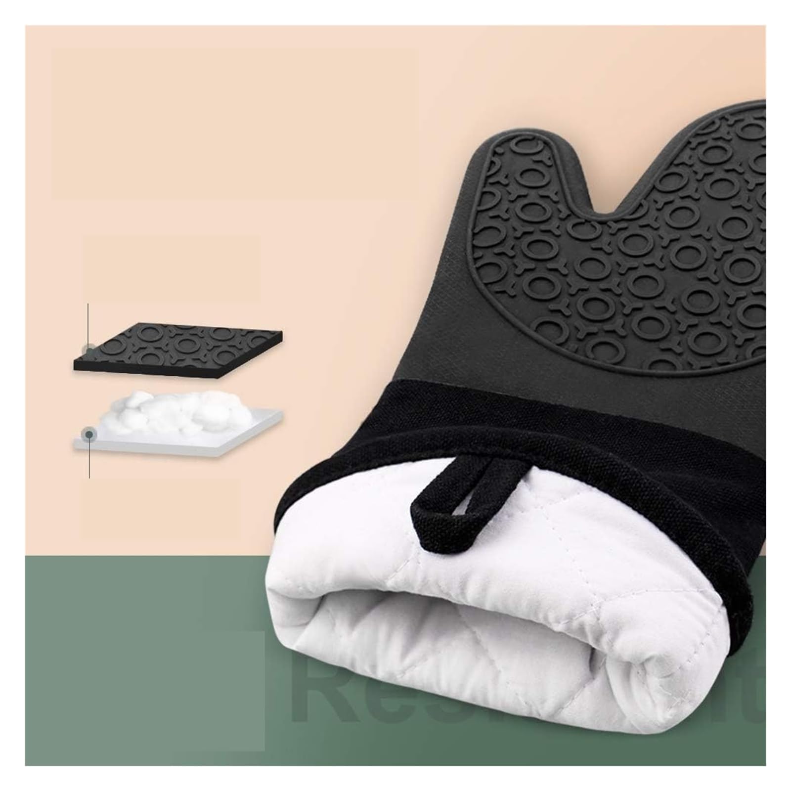 Genérico Manoplas de Horno, par Negro Extra Largo 14.6 pulg Silicona | Resistencia 500°F, agarre antideslizante, impermeables, forro acolchado, protector de muñeca, gancho