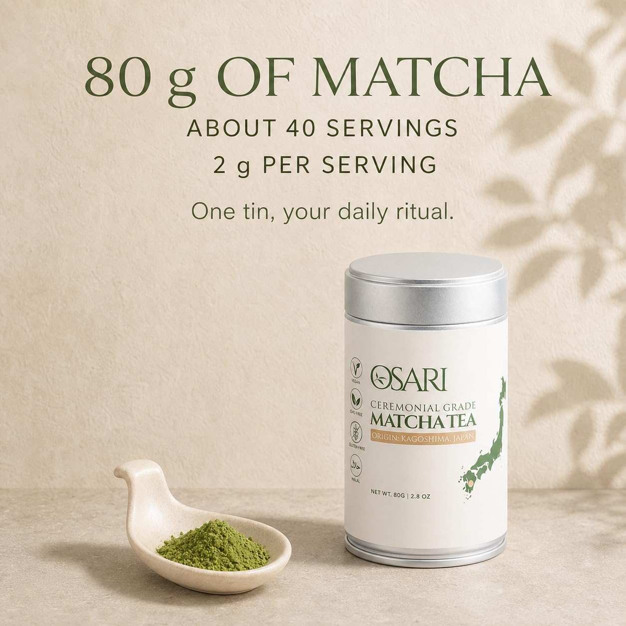 OSARI Matcha Ceremonial 80 g – Primera Cosecha de Kagoshima, Japón – Matcha Japonés 100% Puro – Molido a la Piedra y Analizado en Laboratorio – Umami Suave