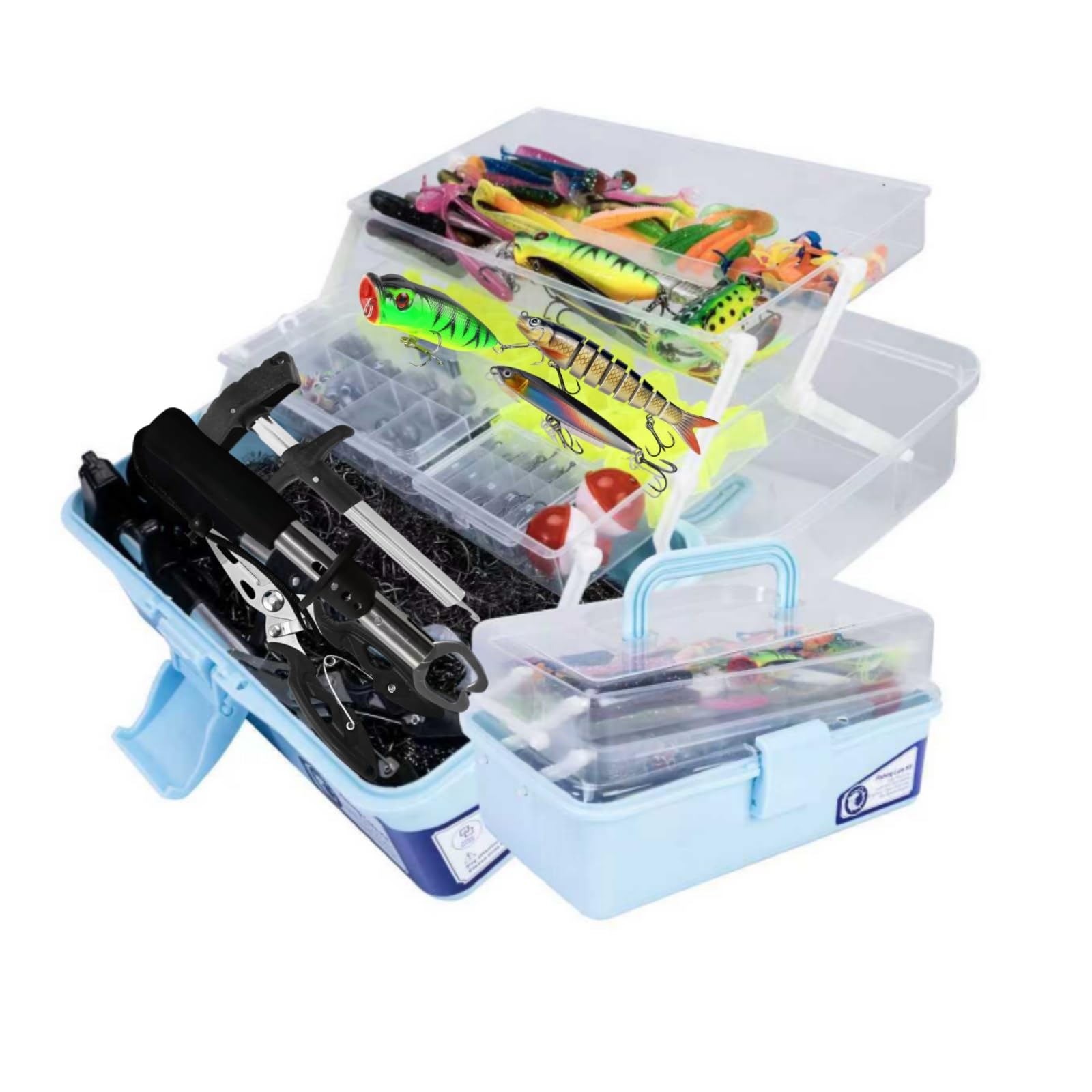 Caja grande de aparejos de pesca de 3 capas con aparejos incluidos, kit de 450 señuelos de pesca, contiene alicates, anzuelos, señuelos, pesos y accesorios, equipo de pesca de lubina de agua dulce