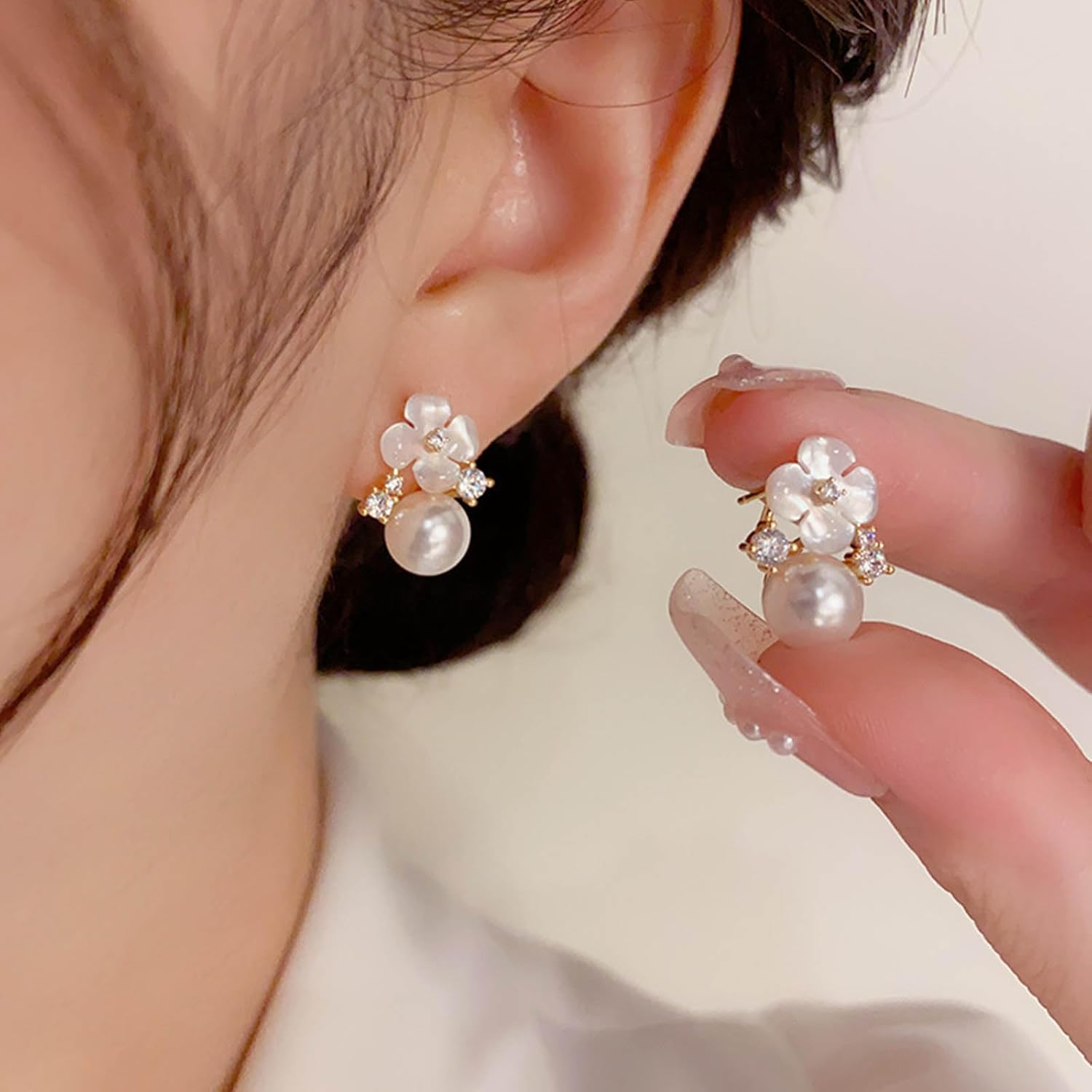 Vintage Crystal Flower Stud Earrings Boho Pearl Drop Earrings Moonstone Flower Dangle Earrings Statement Pearl Earrings for Women - Image 5