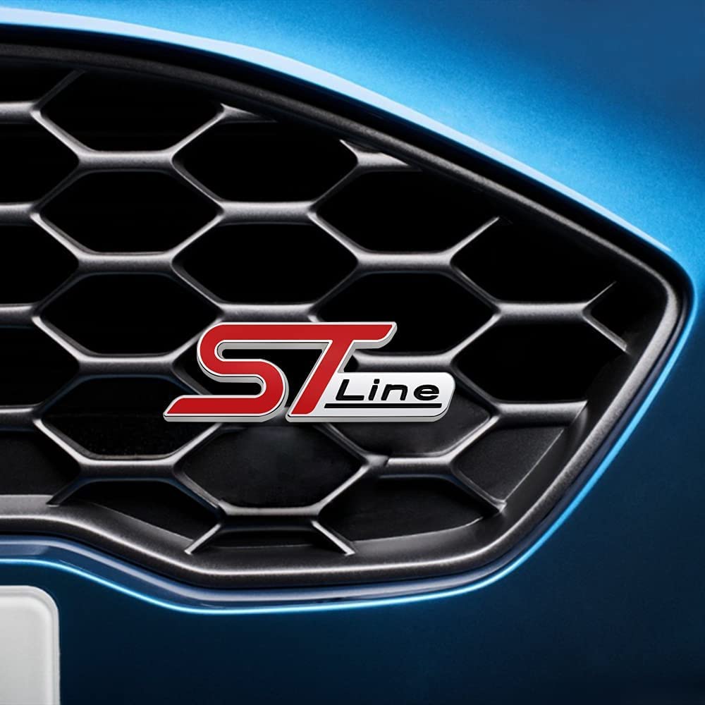 AUTOZOCO Distintivo ST Line per Griglia Auto, Stemma Compatibile con Ford, Lega di Metallo, 10 x 3,5 cm, Rosso e Argento