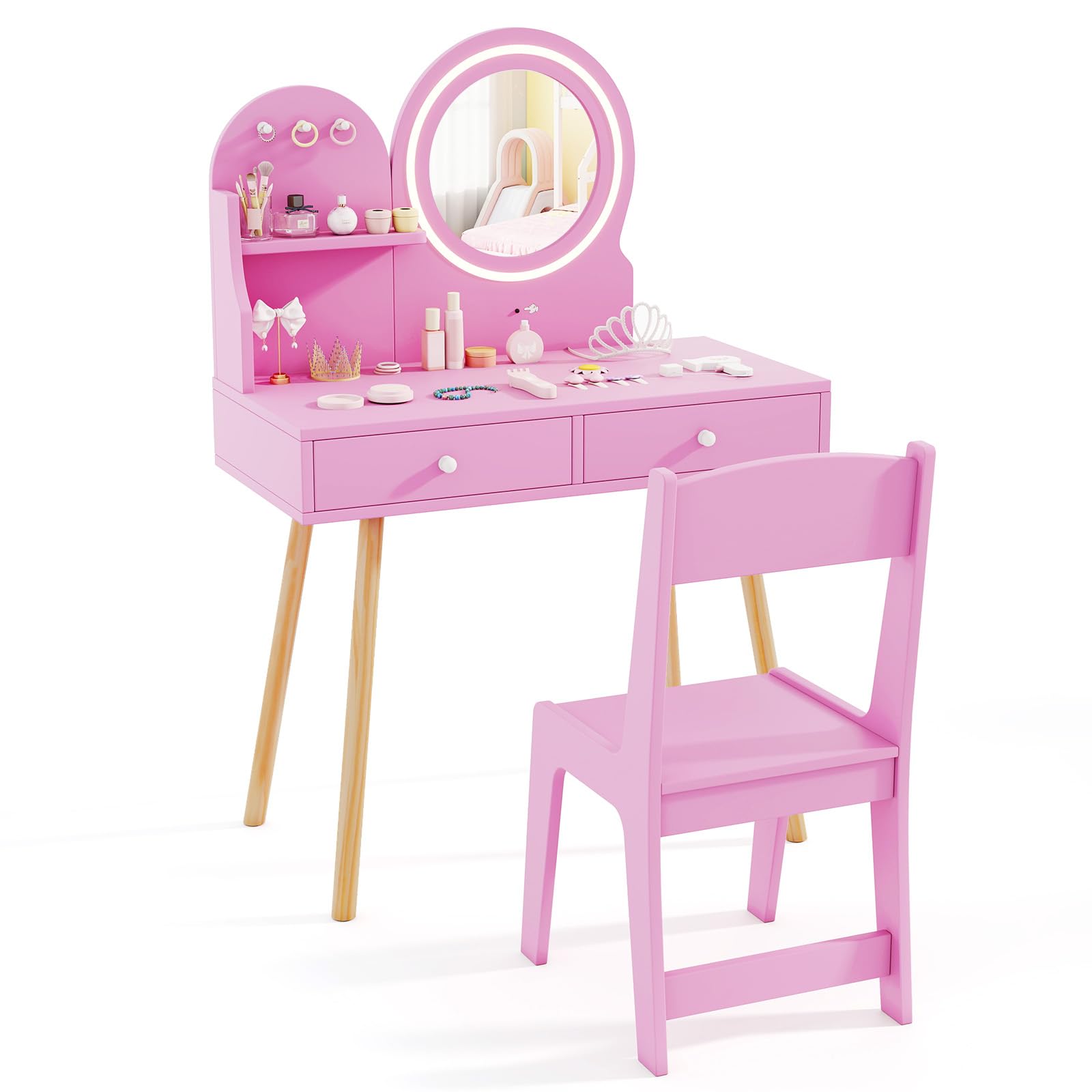 COSTWAY Toeletta Trucco Bambina da Principessa con Specchio Illuminato