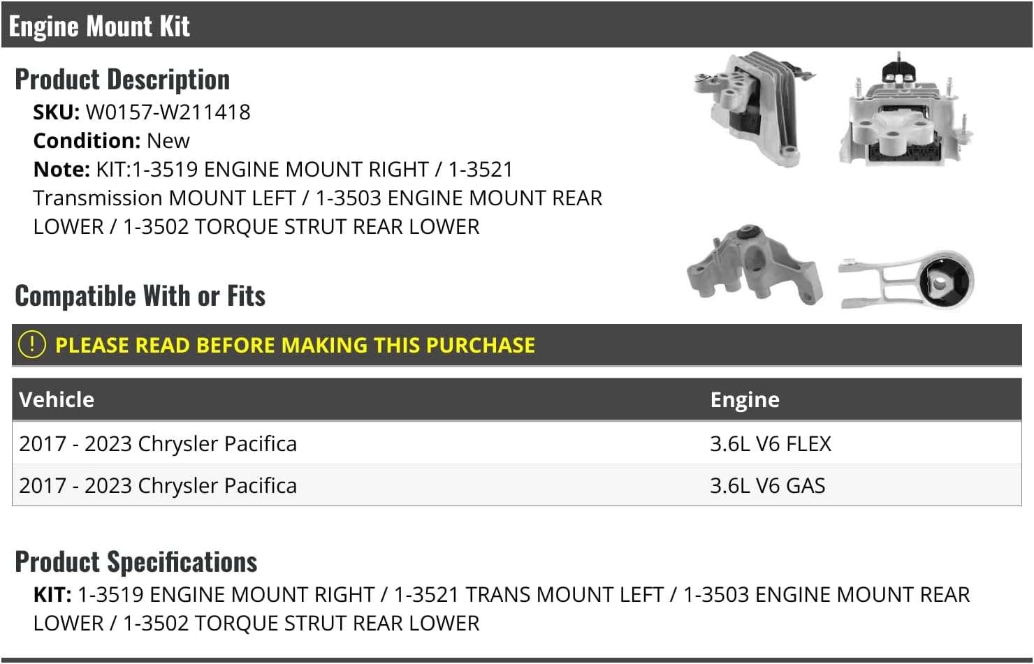 Engine Mount Kit - 4 Piece - Silver Steel - Chassis Mount - Compatible with 2017-2023 Chrysler Pacifica 3.6L V6 Flex/Gas
