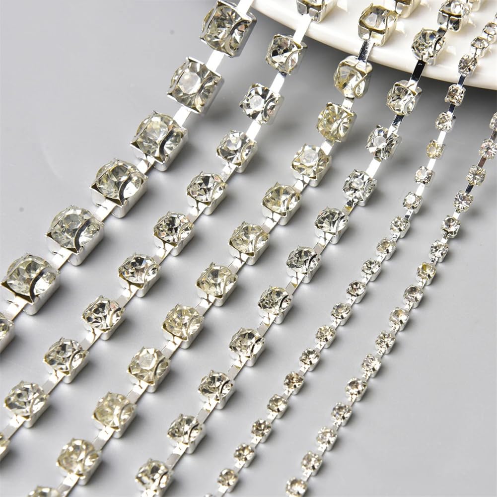 Paski do łańcuszka z dżetów, wielokolorowe szklane kryształy górskie ozdoba 2-8 mm na ubrania, buty, torby (srebrny, SS16-4mm#5 metrów)
